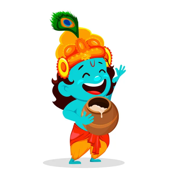 Happy Krishna Janmashtami Greeting Card Funny Cartoon Character Lord Krishna — Stock Vector