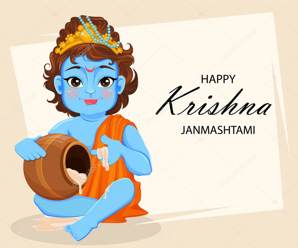 Happy Krishna Janmashtami greeting card. Lord Krishna Indian God kid sits with pot. Vector illustration for sale