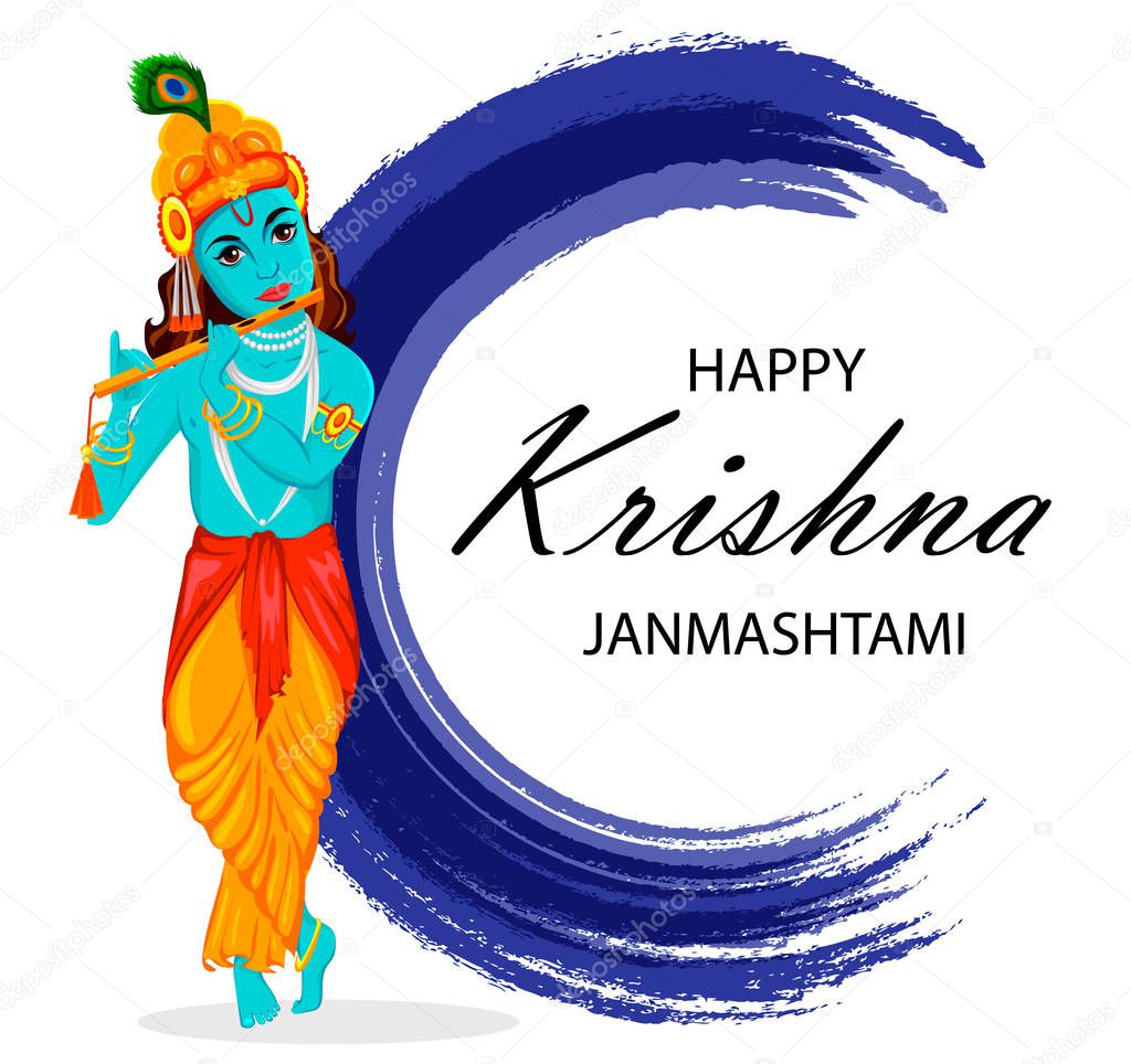 Happy Krishna Janmashtami greeting card. Lord Krishna Indian God plays the flute. Vector illustration on abstract blue watercolor background.