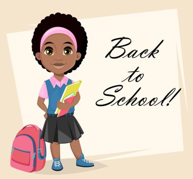 Geri okul tebrik kartı, poster ya da el ilanı için. Kitaplar, çizgi film karakteri tutan şirin Afrikalı-Amerikalı kız. Vektör çizim