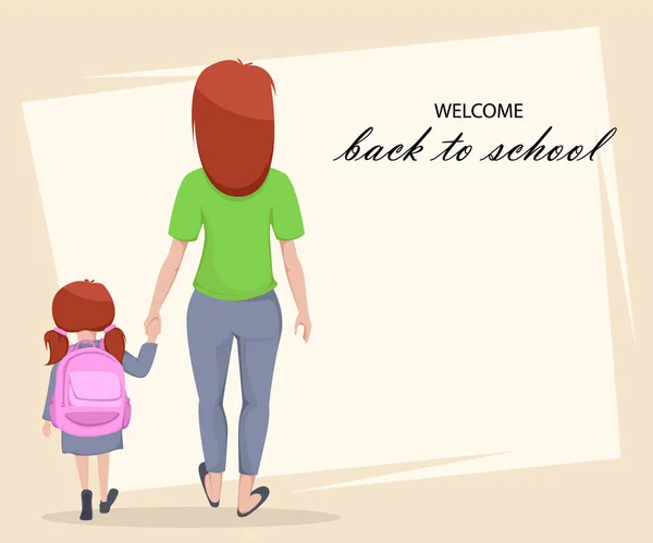 Zurück Zur Grußkarte Zur Schule Zeichentrickfiguren Mutter Und Tochter Gehen — Stockvektor