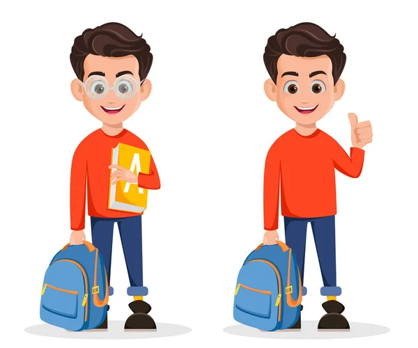 Welcome Back School Set Two Poses Boy Ready School Cartoon — Stock Vector