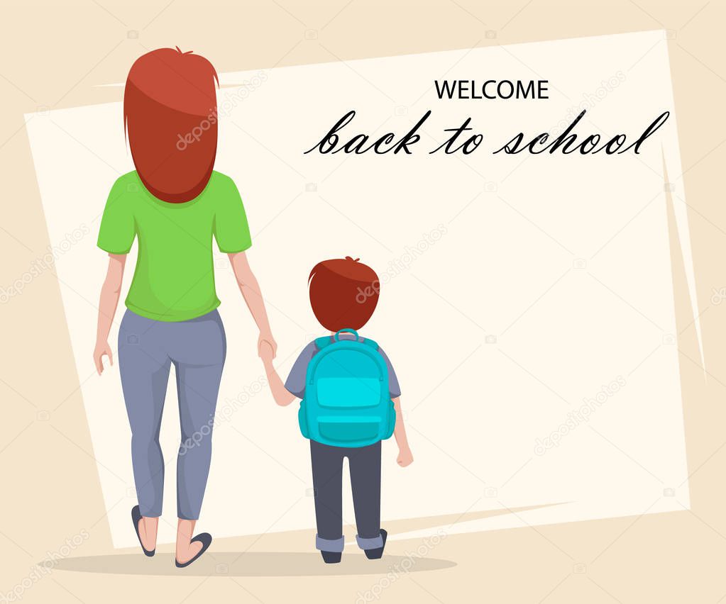 Welcome Back to School greeting card, poster or flyer. Cartoon characters, mother and son are going to school. Vector illustration 