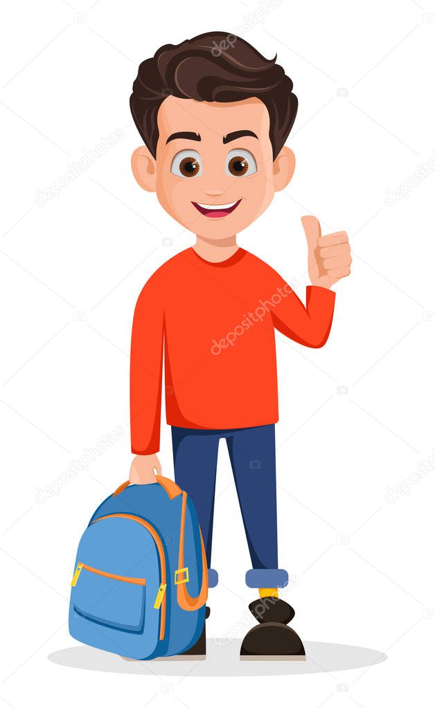 Welcome Back to School. Boy is ready for school, cartoon character showing thumb up gesture. Vector illustration