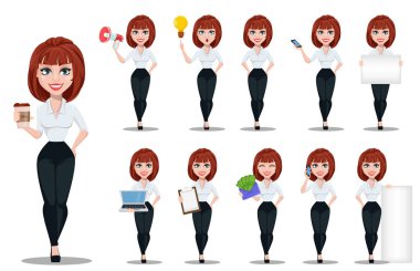 Business woman in office style clothes with brown hair. Businesswoman cartoon character, set of eleven poses. Vector illustration on white background clipart