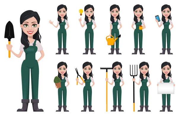 Mulher Jardineira Personagem Desenho Animado Uniforme Menina Bonita Agricultor Conjunto — Vetor de Stock