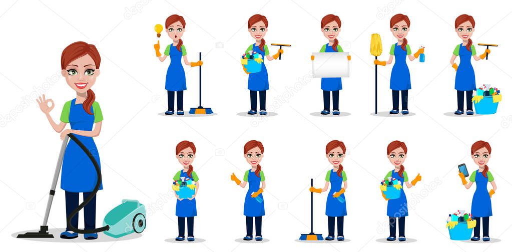 Cleaning company staff in uniform. Woman cartoon character cleaner, set of eleven poses. Vector illustration on white background