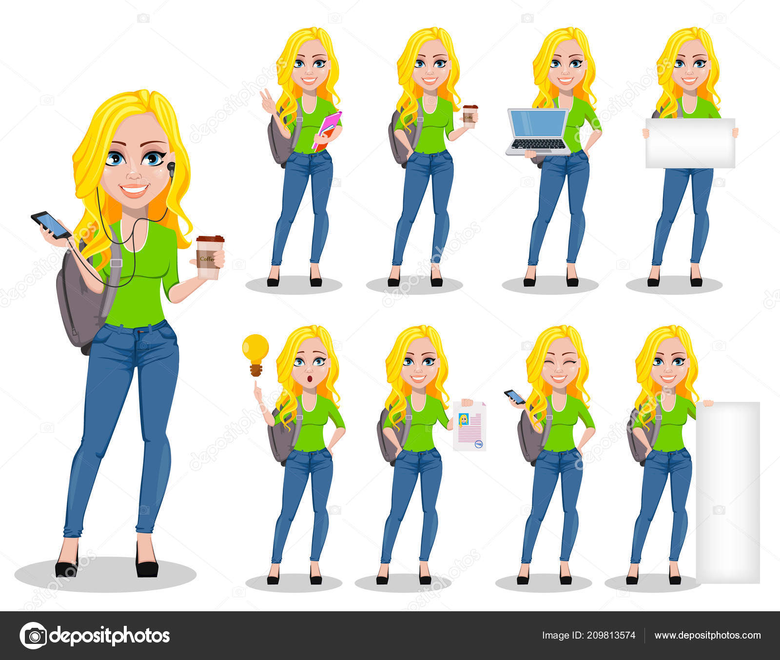 Happy Student Backpack Beautiful Female Cartoon Character Set Nine Poses  Stock Vector Image by ©VectorKIF #209813574