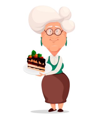 Büyükanne gözlük takıyor. Gümüş saçlı büyükanne. Tatlı pasta bir dilim ile plaka tutarak çizgi film karakteri. Beyaz arka plan üzerinde vektör çizim.