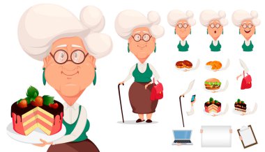 Grandmother wearing eyeglasses. Silver haired grandma, pack of body parts, emotions and things. Build your personal design of cartoon character. Vector illustration  clipart