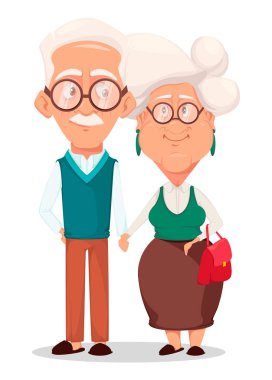 Büyükanne ve büyükbaba birlikte. Gümüş saçlı büyükannem ve büyükbabam birbirlerinin elele. Çizgi film karakterleri. Beyaz arka plan üzerinde vektör çizim