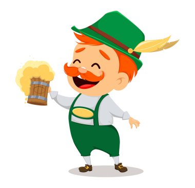 Oktoberfest bira festivali. Komik adam, taze bira bir pint tutarak çizgi film karakteri. Beyaz arka plan üzerinde vektör çizim.
