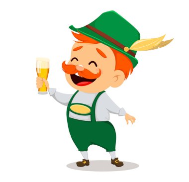 Oktoberfest bira festivali. Komik adam, elinde bir bardak taze bira çizgi film karakteri. Beyaz arka plan üzerinde vektör çizim.