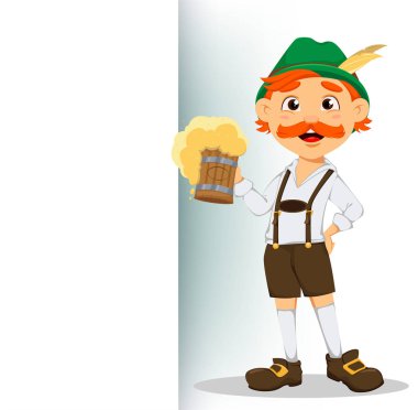 Oktoberfest bira festivali. Komik Kızıl saçlı adam, bira tutarak ve yakın boş ana başlık ayakta çizgi film karakteri. Vektör çizim