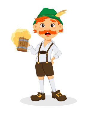 Oktoberfest bira festivali. Komik Kızıl saçlı adam, bir bardak bira bira tutan çizgi film karakteri. Beyaz arka plan üzerinde vektör çizim