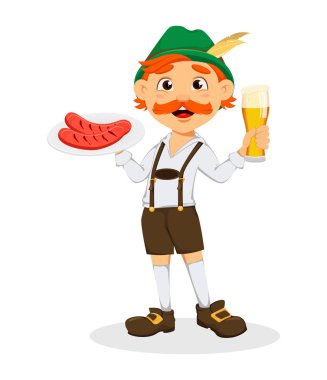 Oktoberfest bira festivali. Komik Kızıl saçlı adam, çizgi film karakteri holding ızgara sosis ve bira. Beyaz arka plan üzerinde vektör çizim
