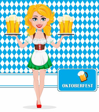 Oktoberfest bira festivali. Seksi redhead kız, tam yükseklik, karikatür karakter holding tepsiler bira ile. Vektör çizim arka plan üzerinde rhombs ile