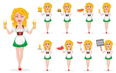 Oktoberfest bira festivali. Seksi redhead kız, çizgi film karakteri, dokuz pozlar ayarlayın. Vektör çizim