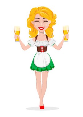 Oktoberfest bira festivali. Seksi redhead kız, iki bardak bira tutan çizgi film karakteri. Vektör çizim