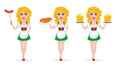 Oktoberfest bira festivali. Seksi redhead kız, üç pozlar, sosis çatalı holding, sosisli sandviç tutarak ve tepsiler bira ile holding karikatür karakter kümesi. Vektör çizim