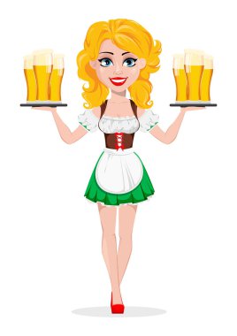 Oktoberfest bira festivali. Seksi redhead kız, bira ile iki tepsi tutarak çizgi film karakteri. Beyaz arka plan üzerinde vektör çizim