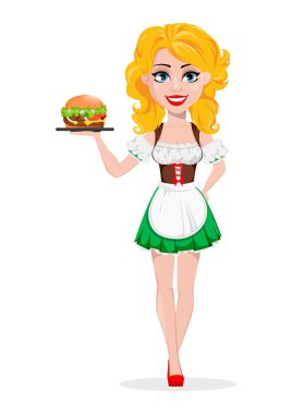 Oktoberfest bira festivali. Seksi redhead kız, çizgi film karakteri holding hamburger. Beyaz arka plan üzerinde vektör çizim