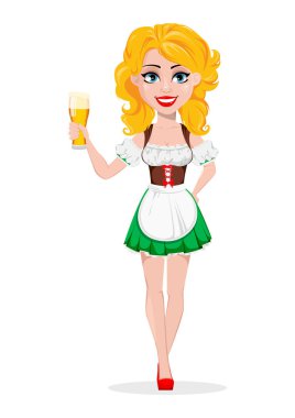 Oktoberfest bira festivali. Seksi redhead kız, bir bardak bira tutan çizgi film karakteri. Beyaz arka plan üzerinde vektör çizim
