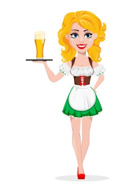 Oktoberfest bira festivali. Seksi redhead kız, çizgi film karakteri holding tepsi ile bir bardak bira. Beyaz arka plan üzerinde vektör çizim