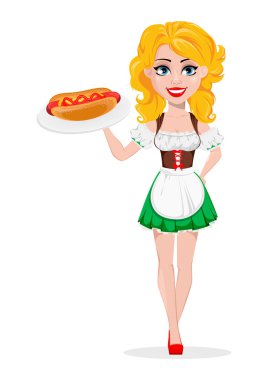 Oktoberfest bira festivali. Seksi redhead kız, çizgi film karakteri holding sosisli sandviç. Beyaz arka plan üzerinde vektör çizim