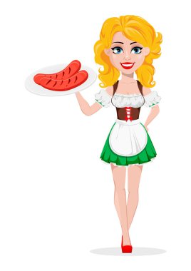 Oktoberfest bira festivali. Seksi redhead kız, çizgi film karakteri holding plaka üzerinde sosis ızgara. Beyaz arka plan üzerinde vektör çizim