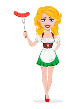 Oktoberfest bira festivali. Seksi redhead kız, çizgi film karakteri holding çatal üzerinde sosis ızgara. Beyaz arka plan üzerinde vektör çizim