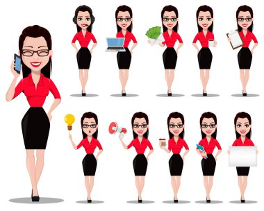 Seksi Sekreter. Güzel office Yardımcısı office tarzı giysiler içinde onbir pozlar ayarlayın. Beyaz arka plan üzerinde vektör çizim
