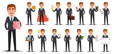 Yakışıklı bankacı iş takım elbiseli. Neşeli çizgi film karakteri, küme on beş teşkil etmektedir. Beyaz arka plan üzerinde vektör çizim.