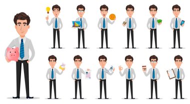 İş adamı office tarzı giysiler içinde. İşadamı, bankacı, on üç pozlar Küme Yöneticisi, çizgi film karakteri. Vektör çizim