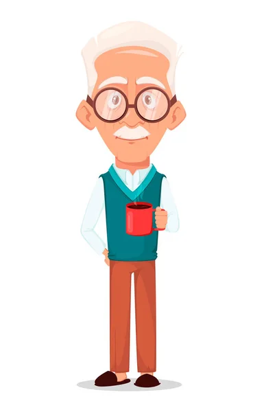 祖父は眼鏡を身に着けています 銀の髪のおじいちゃん 漫画のキャラクターは ホットド リンクのカップを保持しています 白の背景にベクトル画像 — ストックベクタ