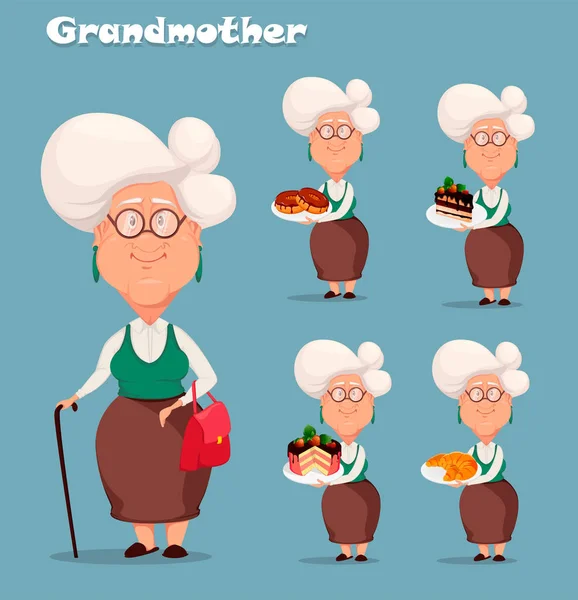 Grandmother Wearing Eyeglasses Silver Haired Grandma Set Five Poses Cartoon — Stock Vector