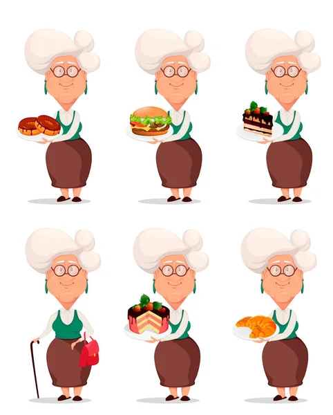 祖母は 眼鏡を着用します ポーズの設定 銀髪のおばあちゃん 漫画のキャラクター 白の背景にベクトル画像 — ストックベクタ