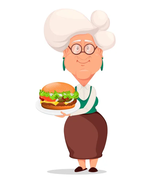祖母戴眼镜 银色头发的祖母 卡通人物藏品板与大可口的汉堡包 白色背景上的矢量插图 — 图库矢量图片