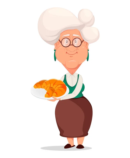 祖母は 眼鏡を着用します 銀の髪のおばあちゃん 漫画のキャラクターは クロワッサンとプレートを保持しています 白の背景にベクトル画像 — ストックベクタ