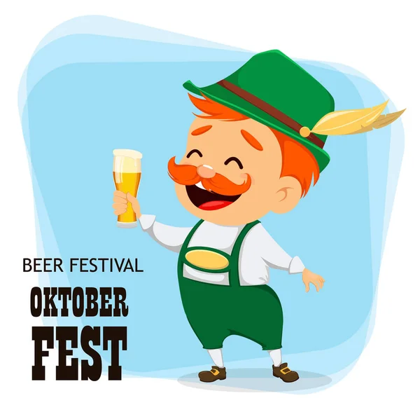 Oktoberfest Festival Cerveza Hombre Gracioso Personaje Dibujos Animados Sosteniendo Vaso — Vector de stock