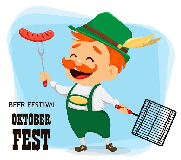 Oktoberfest Festival Cerveza Hombre Gracioso Personaje Dibujos Animados Sosteniendo Una — Vector de stock