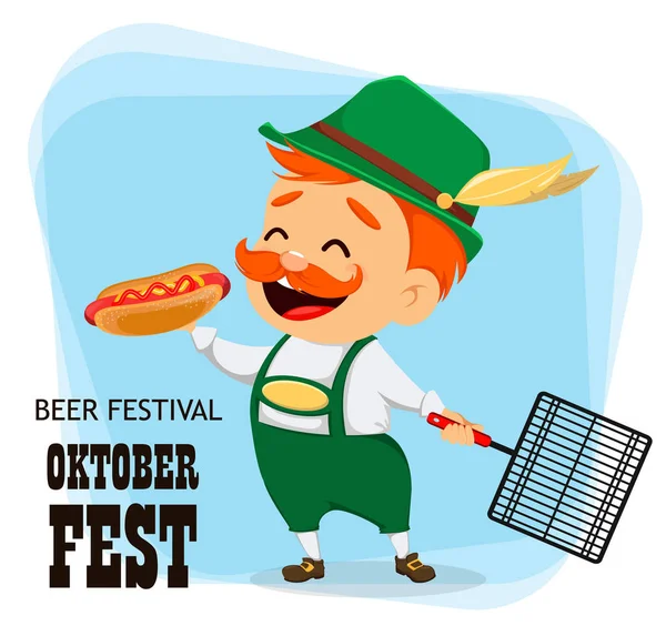 Oktoberfest Festival Cerveza Hombre Gracioso Personaje Dibujos Animados Sosteniendo Hot — Vector de stock