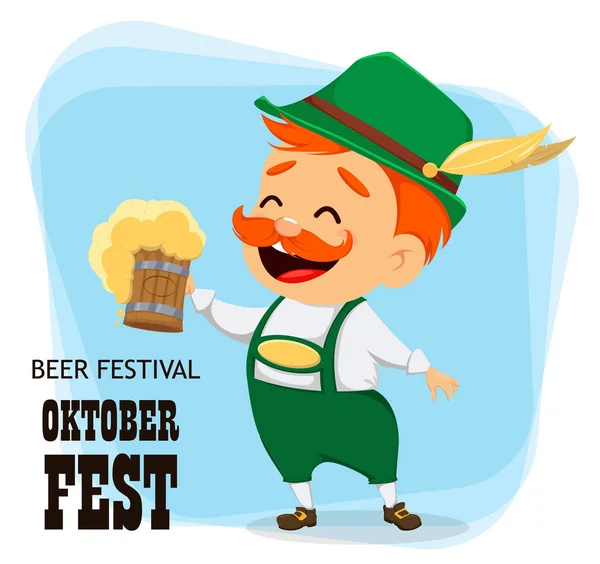 Oktoberfest Festival Cerveza Hombre Gracioso Personaje Dibujos Animados Sosteniendo Una — Vector de stock