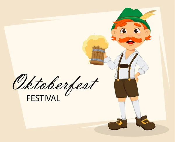 Oktoberfest Festival Bière Homme Rousse Drôle Personnage Dessin Animé Tenant — Image vectorielle