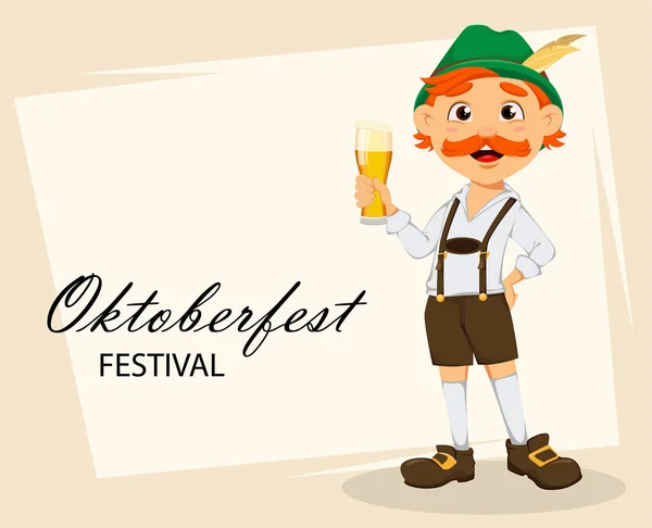 Oktoberfest Sörfesztivál Helyszíne Vicces Vörös Hajú Férfi Rajzfilmfigura Gazdaság Egy — Stock Vector