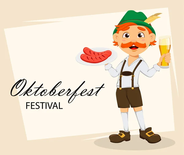 Oktoberfest Bierfest Lustiger Rotschopf Zeichentrickfigur Mit Grillwürsten Und Bier Vektor — Stockvektor