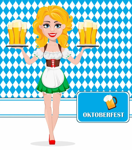 Oktoberfest Bierfest Sexy Rothaarige Mädchen Volle Größe Zeichentrickfigur Hält Tabletts — Stockvektor