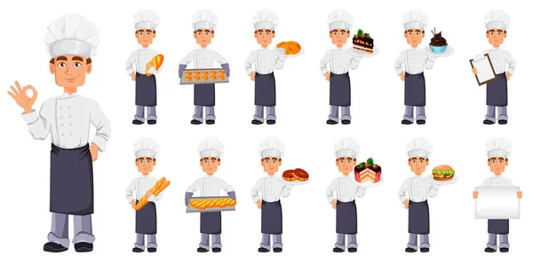 Guapo Panadero Uniforme Profesional Sombrero Chef Conjunto Trece Poses Personaje — Vector de stock