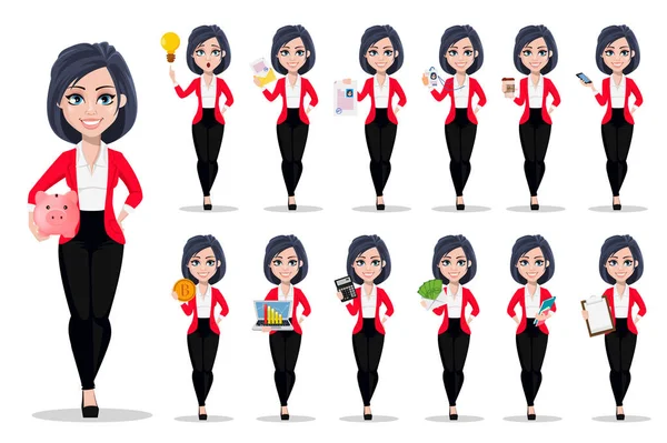 ビジネスの女性 マネージャー 銀行家 ビジネス スーツの美しい女性銀行の家 かわいい漫画のキャラクター ポーズのセットします 白の背景にベクトル画像 — ストックベクタ