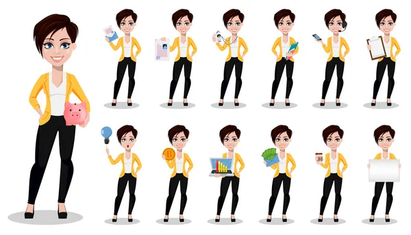 İş kadını, serbest meslek, bankacı. Rahat kıyafetler, güzel Bayan on üç pozlar ayarlayın. Beyaz arka plan üzerinde vektör çizim.